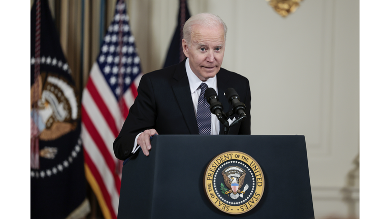 President Biden Announces His Budget For 2023 In State Dining Room Of White House