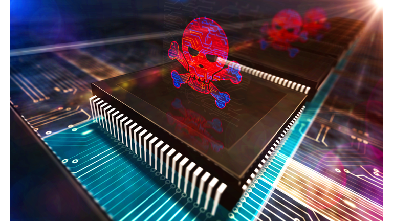 Processor factory with laser burning of cyber crime and skull symbols illustration