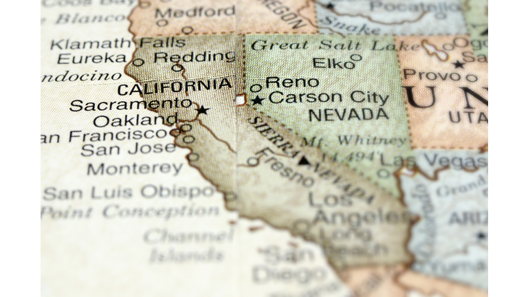 Close-up of California on a map