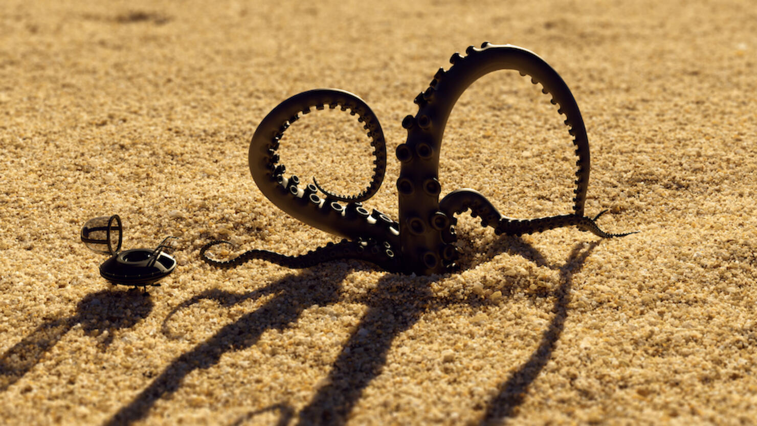 3d Rendered Illustration of Alien Tentacles and Tiny black UFO with its hud open on Particles of Sand on a Sunny Day with Shallow Depth of Field