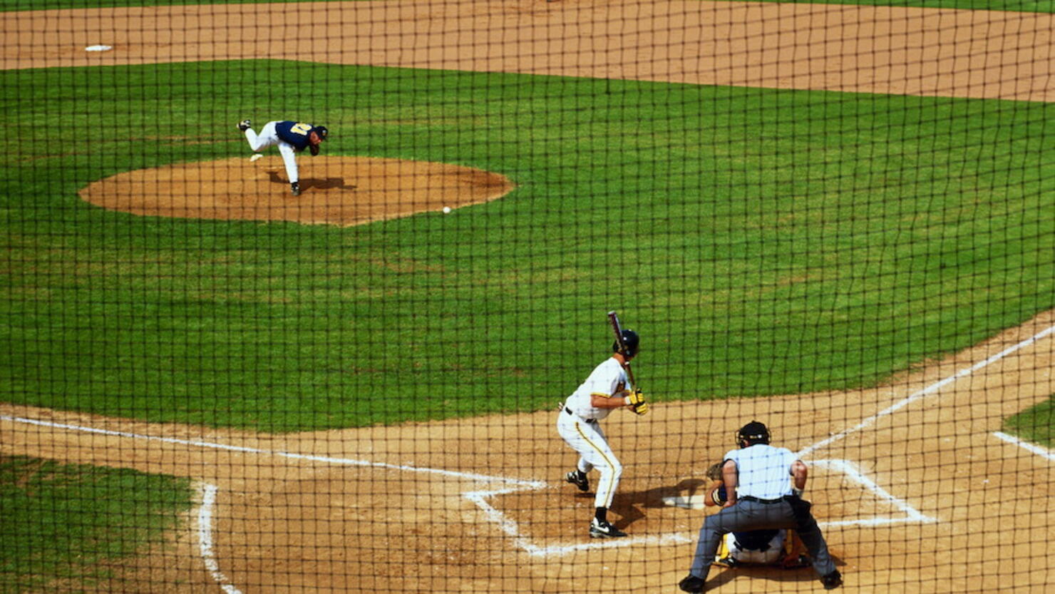 College baseball game in progress, elevated view, North Carolina, USA