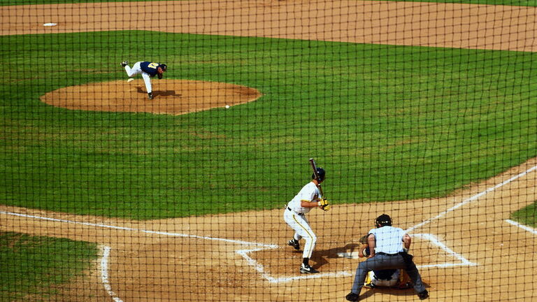 College baseball game in progress, elevated view, North Carolina, USA
