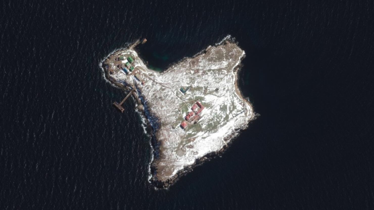 RUSSIANS INVADE UKRAINE -- MARCH 14, 2022: 07 Maxar satellite image of Snake Island BEFORE invasion. 13feb2021_wv2. Please use: Satellite image (c) 2022 Maxar Technologies.