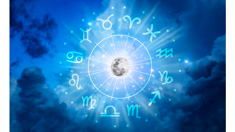 Zodiac signs inside of horoscope circle. Astrology in the sky with many stars and moons  astrology and horoscopes concept