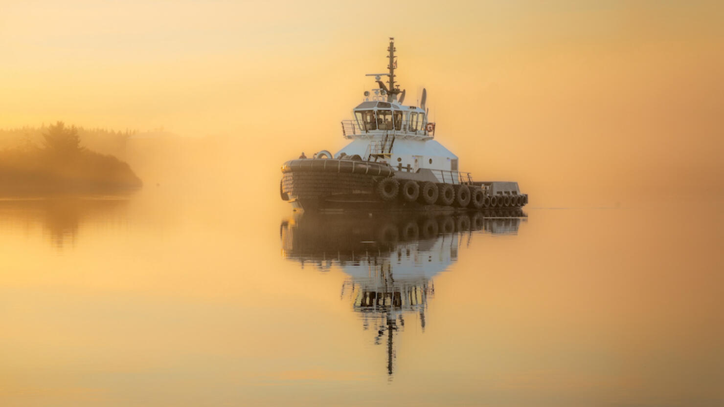 Tugboat On Coos River At Sunrise