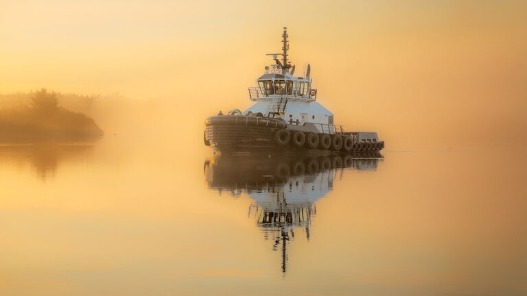 Tugboat On Coos River At Sunrise