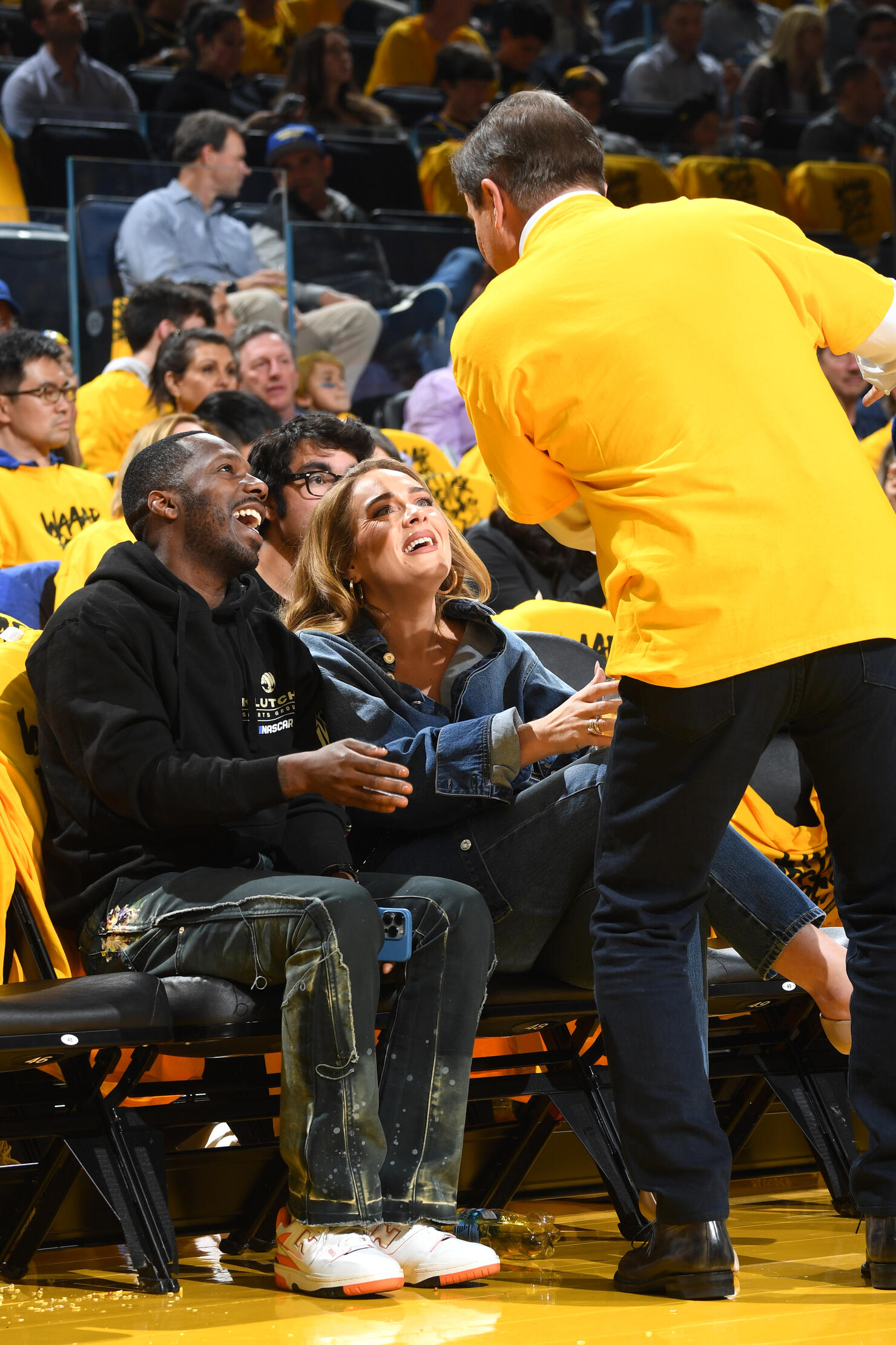 Adele Wears Brown Leather Two-Piece Set at NBA Game with Rich Paul