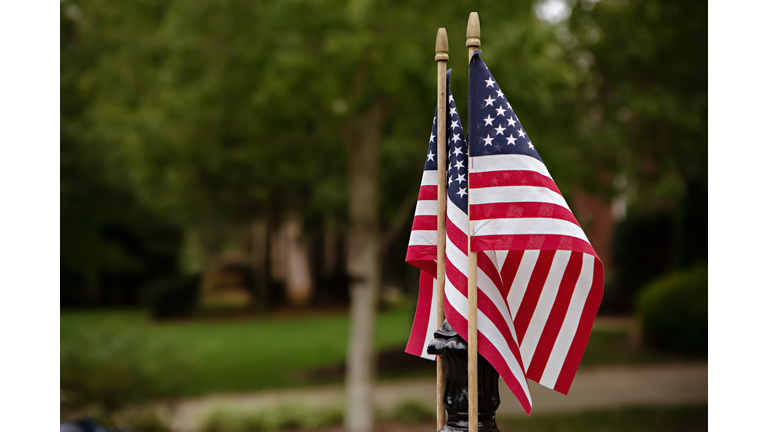 American Flags outside home in residential neighborhood