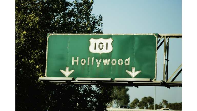 "Low angle view of highway signs to Hollywood, Los Angeles, California, USA"