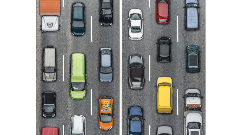 Colored cars on traffic lanes, Aerial View