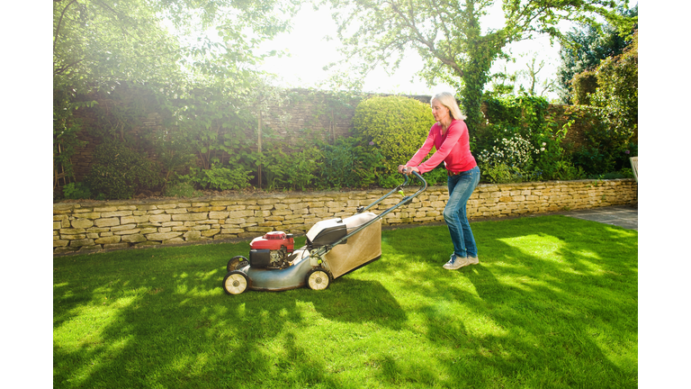 Mature woman mowing sunlit garden lawn with lawn mower