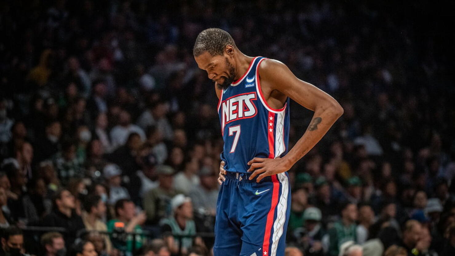 New York Nets' Kevin Durant is dejected in first quarter of Game 4 of Eastern Conference first-round playoff series