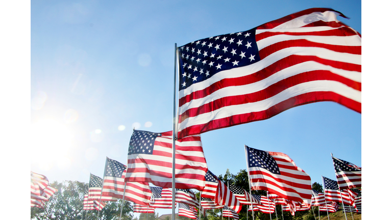 United States flags blow in the wind in Malibu, CA