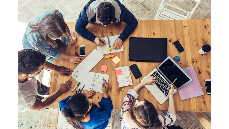 overhead view on business people around desk