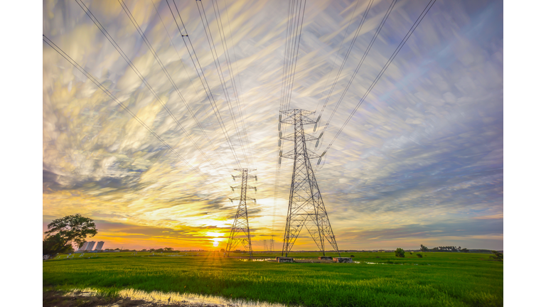 Sunset over Transmission Tower Pylone