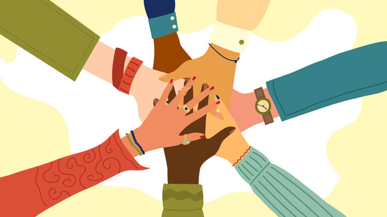 Hands of diverse group of people putting together. Concept of teamwork, cooperation, unity, togetherness, partnership, agreement, social community or movement. Flat style. Vector illustration