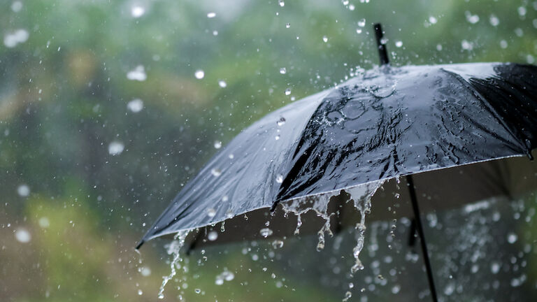 It's raining heavily, wearing an umbrella during the rainy season