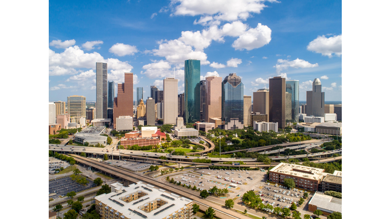 Panorama of aerial view of Downtown Houston, Texas, USA in a beautiful day.