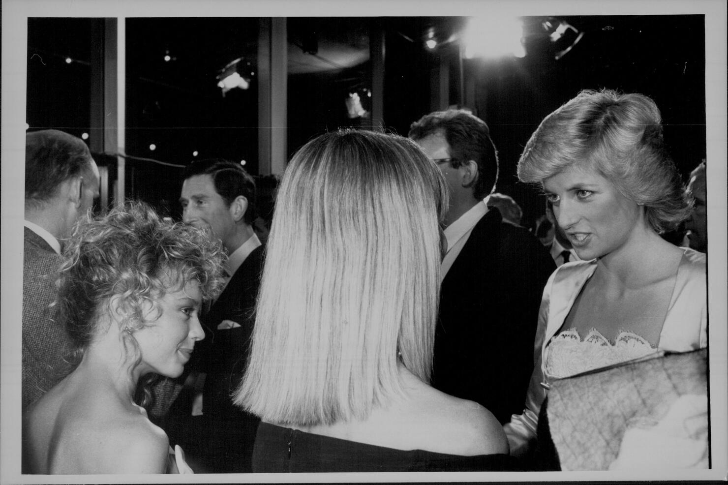 The Royals meet the stars at the Entertainment centre tonight.Princess Diana talking to (L to R) Kylie Minogue, Olivia Newton John at the Entertainment center.