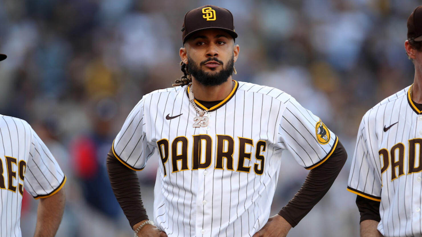 PHILADELPHIA, PA - JULY 14: Fernando Tatis Jr. #23 of the San Diego Padres  at bat during the game against the Philadelphia Phillies at Citizens Bank  Park on July 14, 2023 in