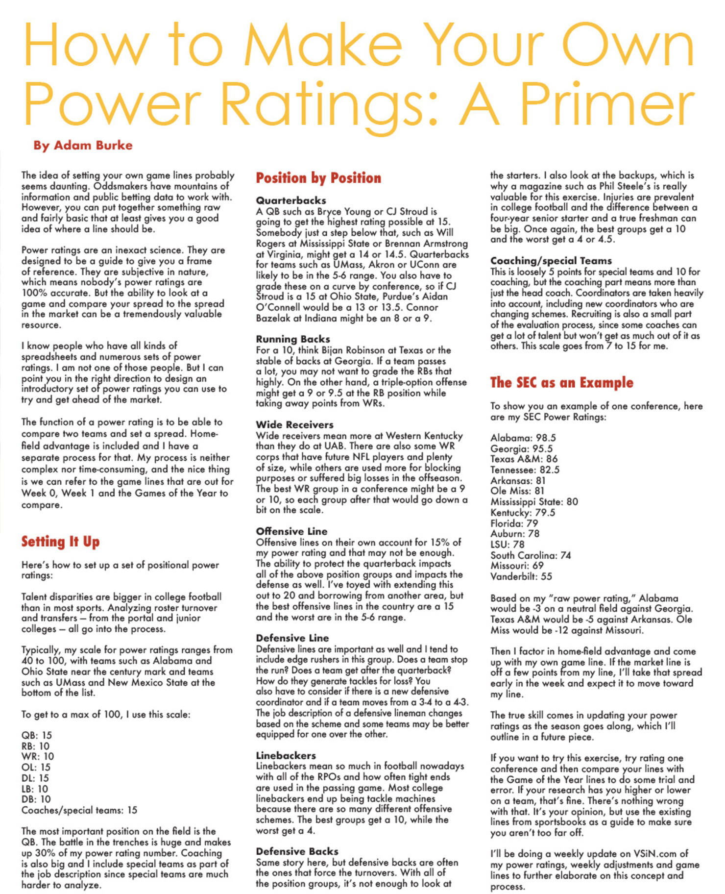 Week 12 college football power ratings and game spreads - VSiN