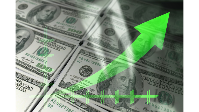 Economy graph: green rising arrow and dollar bills.