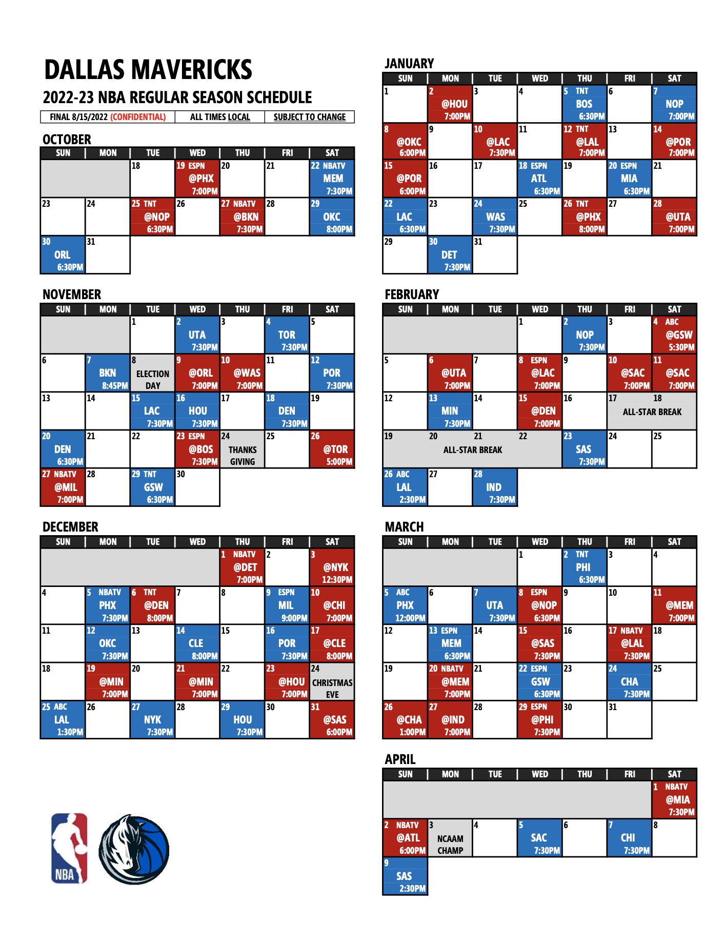 Dallas Mavericks Printable Schedule For 2023 2024 Football Schedule