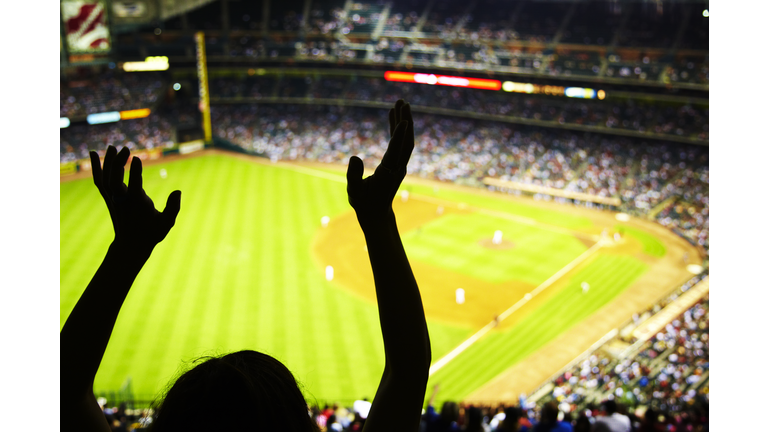 Silhouette of Baseball fan waving hands in the air