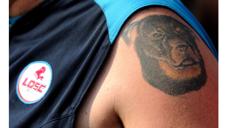 A fan with a tattoo representing a dog, 