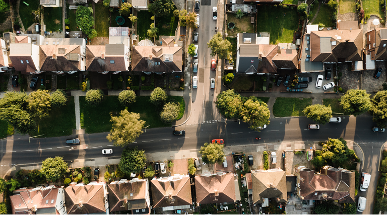 An aerial view of urban streets in London - stock photo