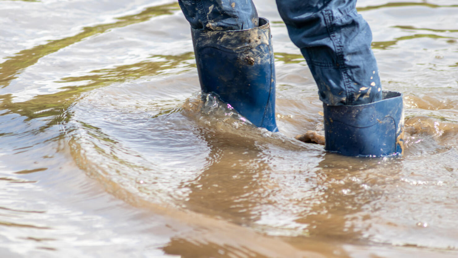 Young Boy Wading Through High Tide With Blue Gumboots After A Flood Has Broken The Protecting Dike