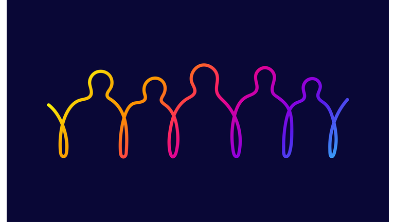 Inclusion and diversity infographic logo people hold hands. People vector for website. Colorful vector elements, isolated on black background.