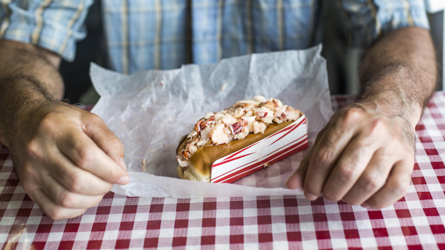 A man about to eat a lobster roll on a table with a red cheked tableclothes