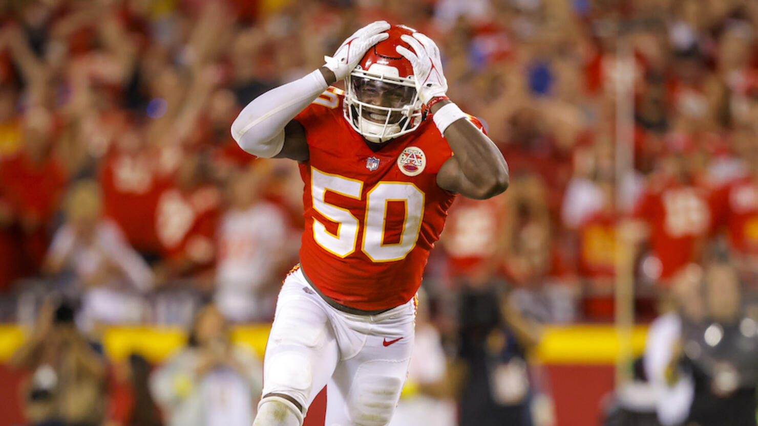 Kansas City Chiefs middle linebacker Willie Gay Jr. (50) celebrates after a  sack during an NFL …