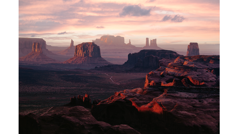 Wild West, Monument Valley from the Hunt's Mesa at sunset. Utah - Arizona border