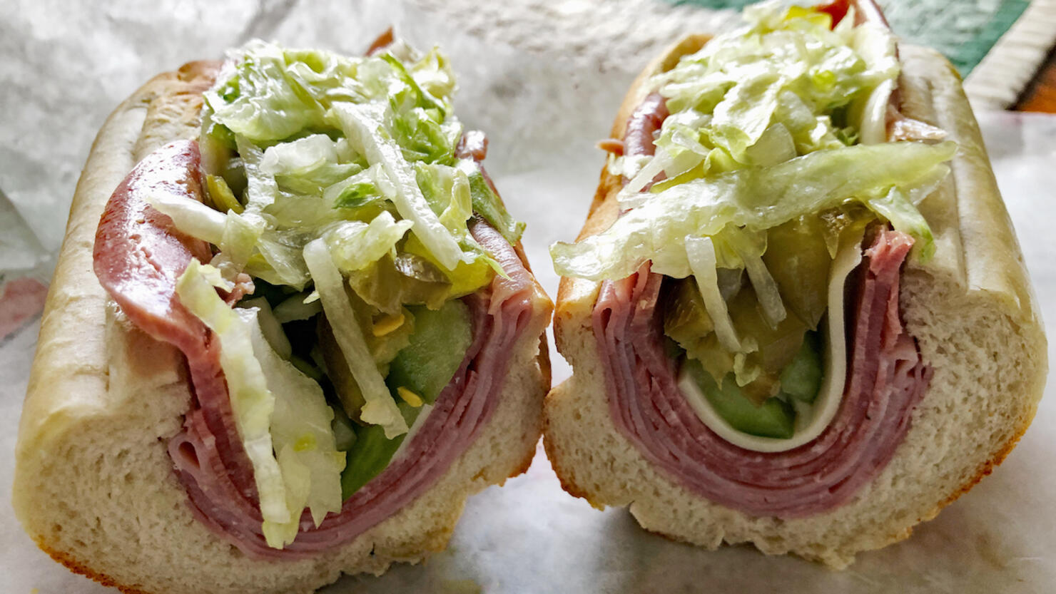 Ham and salami italian submarine sandwich with no tomatoes
