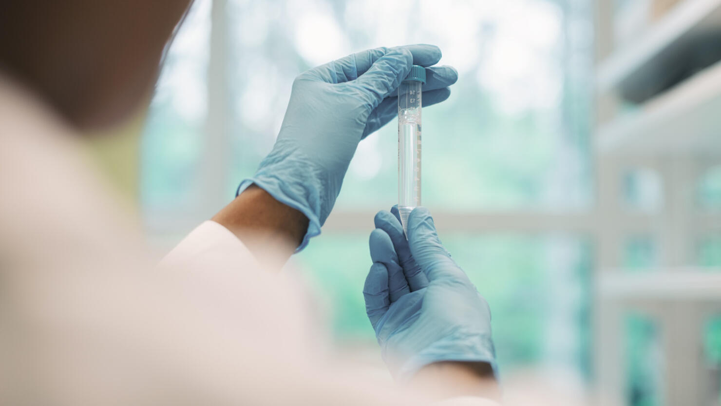 Mature female virologist examining test tube while working in laboratory