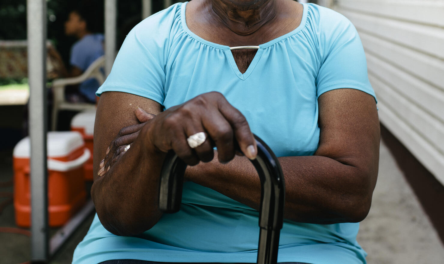 Senior black woman at family cookout.