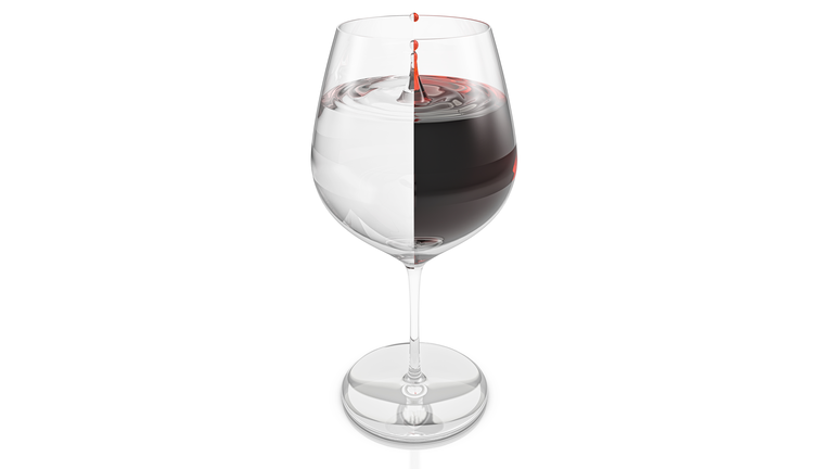 Glass of wine with a dripping drop and with liquid being formed by half wine and half water divided in half. 3D Illustration