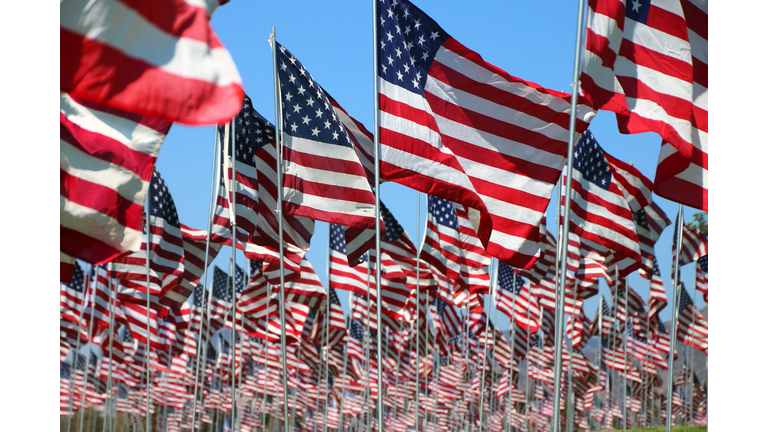 American flags blow in the wind on a bright sunny day in Malibu, California