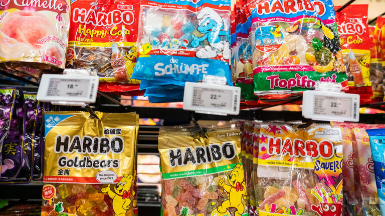 Packets of German confectionery company Haribo gummy candy