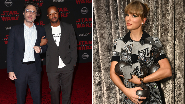 two men and a woman pose at an event