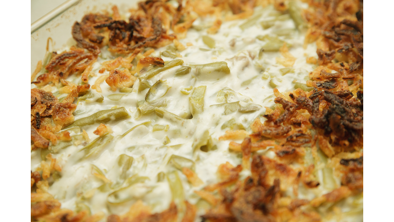 Green bean casserole baked in container