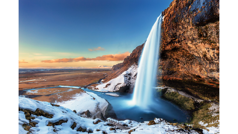 The beautiful Seljalandsfoss in Iceland during winter