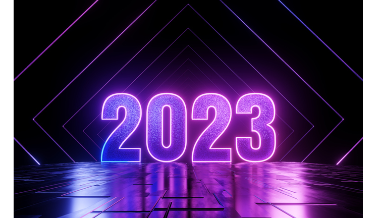Futuristic Neon Light 2023 Text on Abstract Reflective Floor