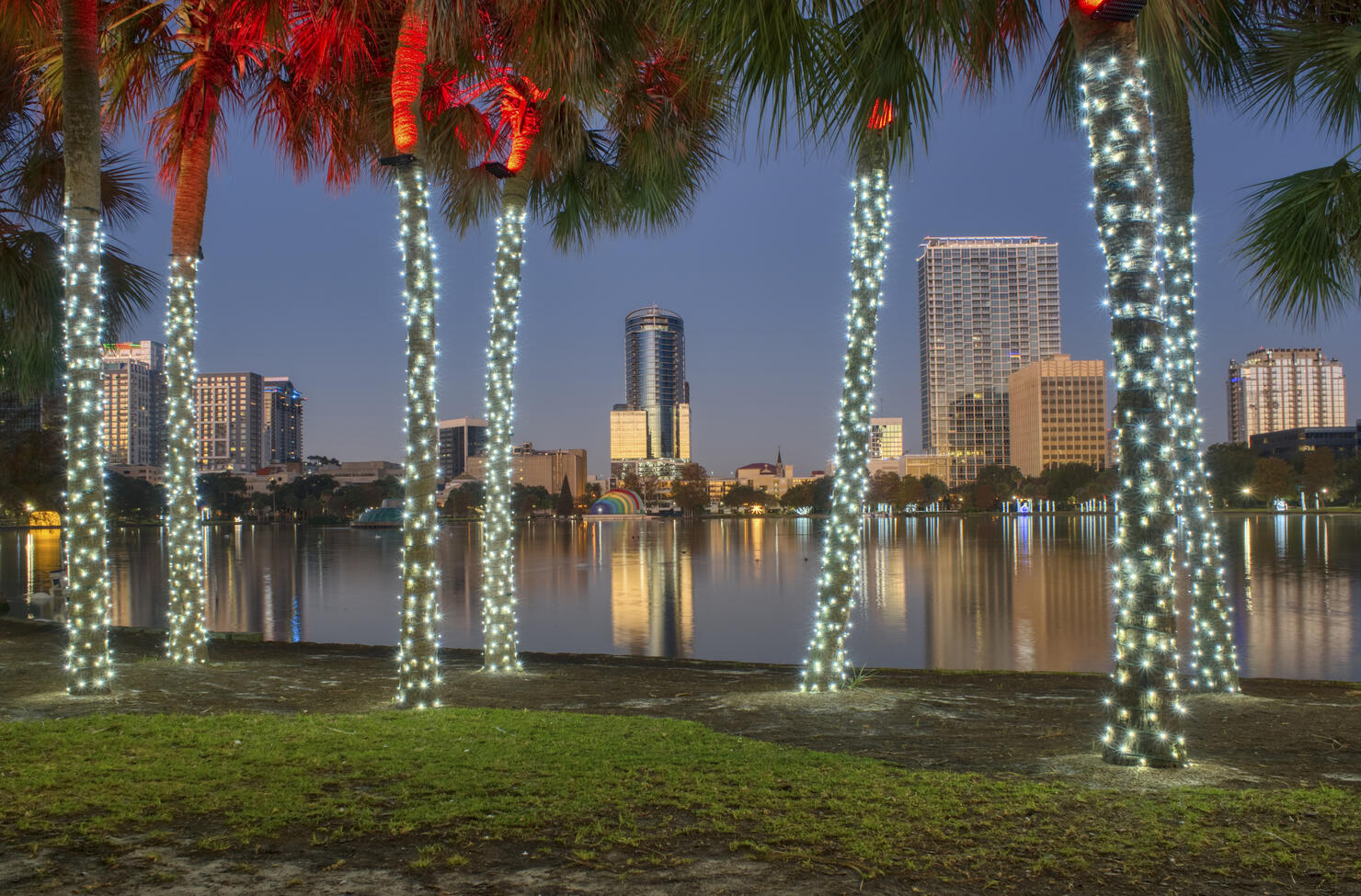 Early Morning Lake Eola Park During the Christmas Holiday Season in Downtown Orlando Florida USA