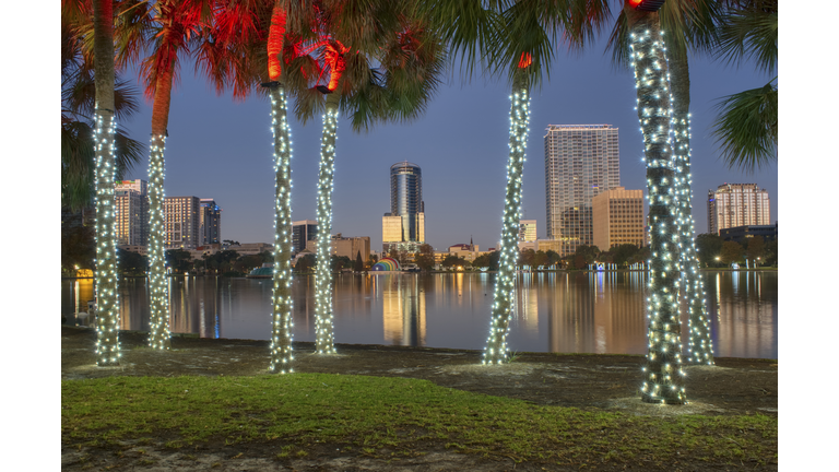 Early Morning Lake Eola Park During the Christmas Holiday Season in Downtown Orlando Florida USA