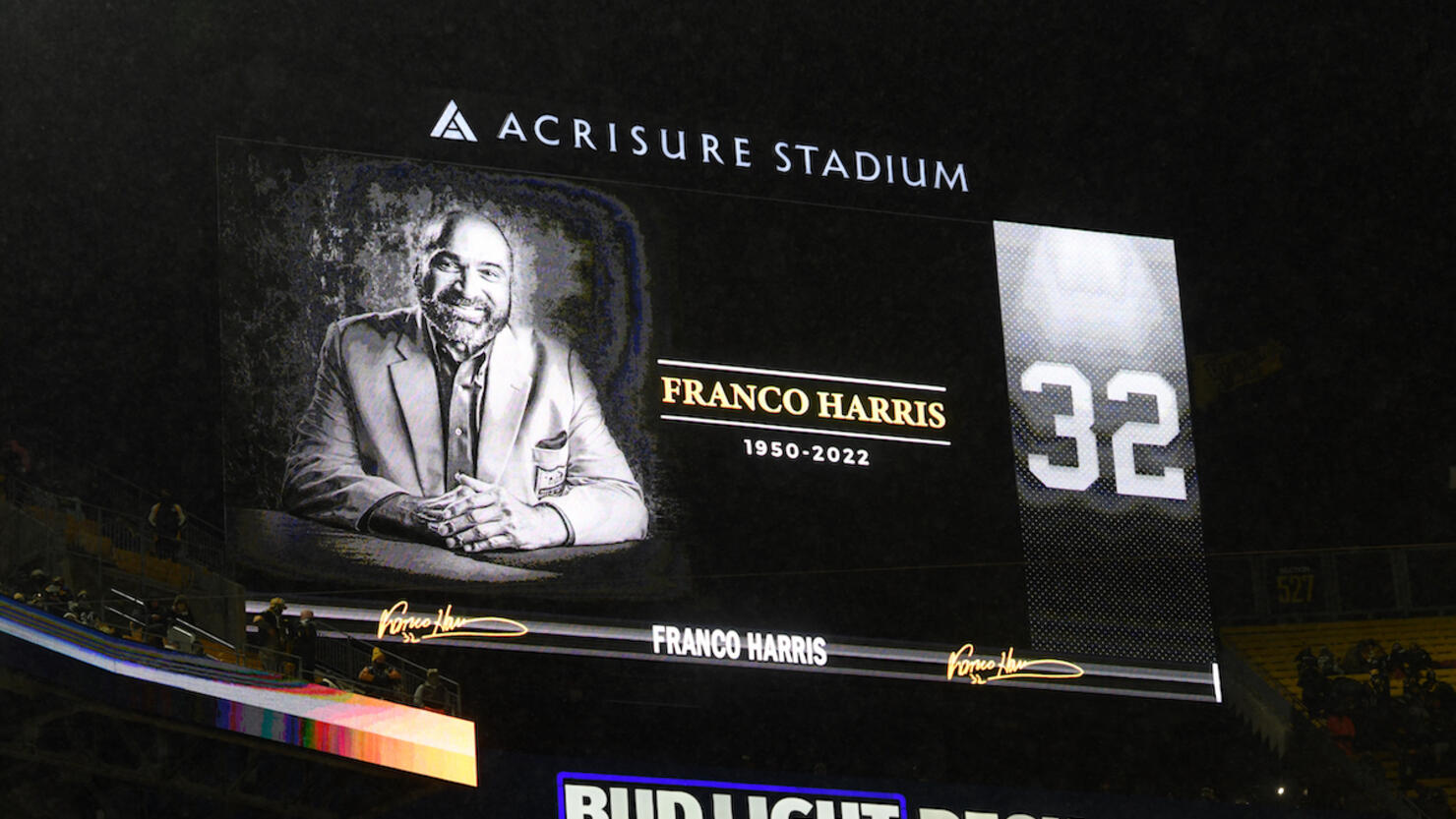 1972-style graphics on the scoreboard at Acrisure Stadium celebrate the  50th anniversary of the Immaculate Reception before an NFL football game  between the Pittsburgh Steelers and the Las Vegas Raiders in Pittsburgh