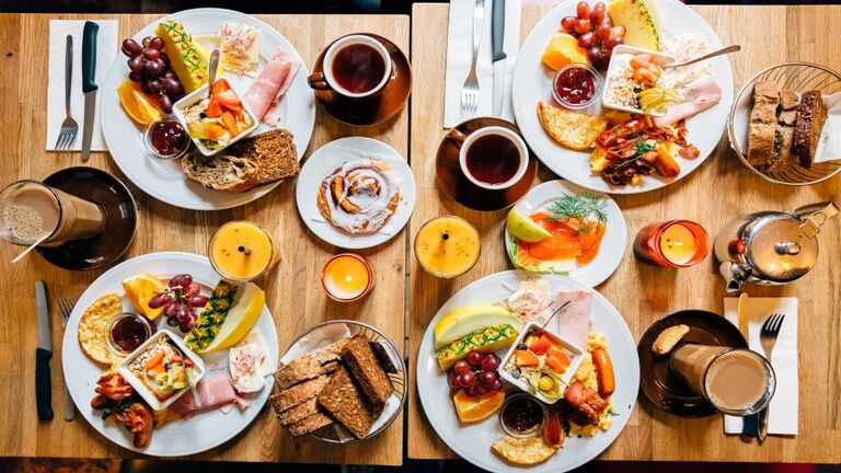 Directly above view of brunch food on the table in a restaurant