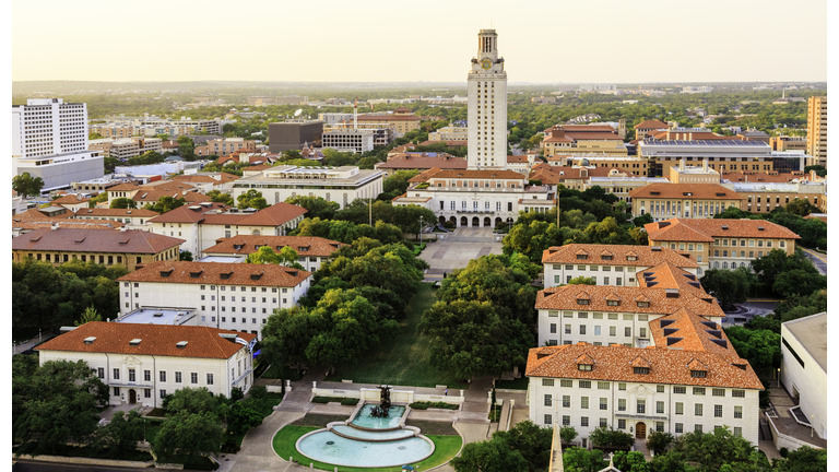 University of Texas (UT) Austin campus at sunset aerial view